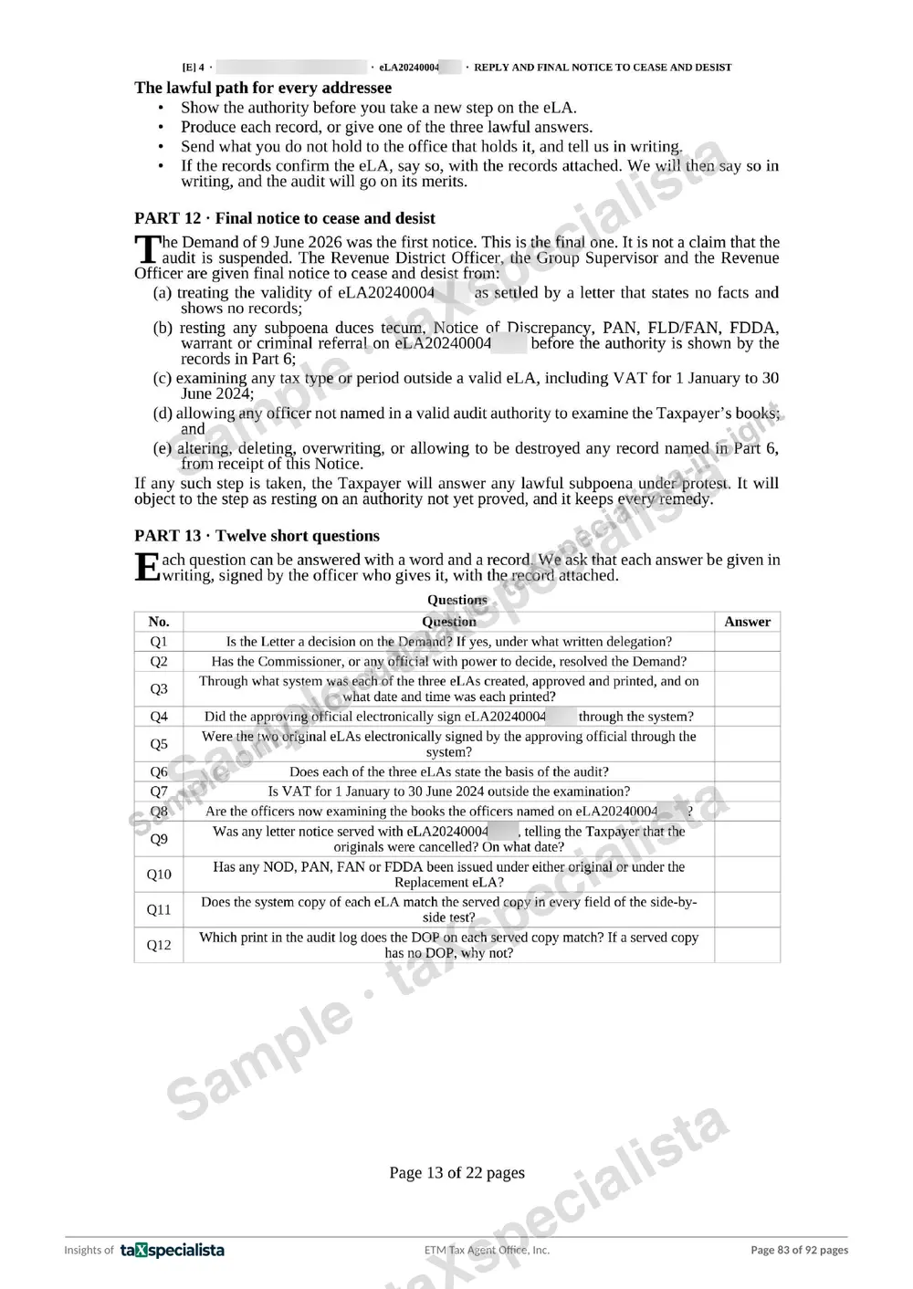 Sample reply · twelve short questions